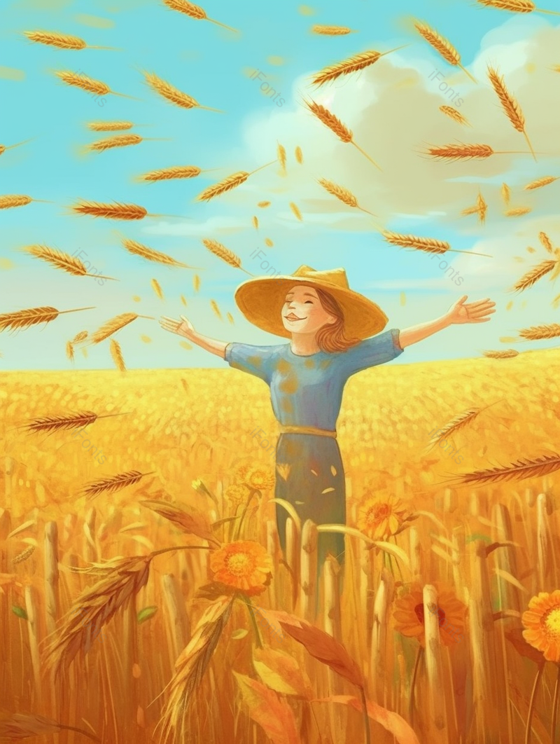 丰收成熟的麦田麦子里喜悦的女孩,插画/手绘图,插画/手绘图库,插画/手绘图下载,插画/手绘